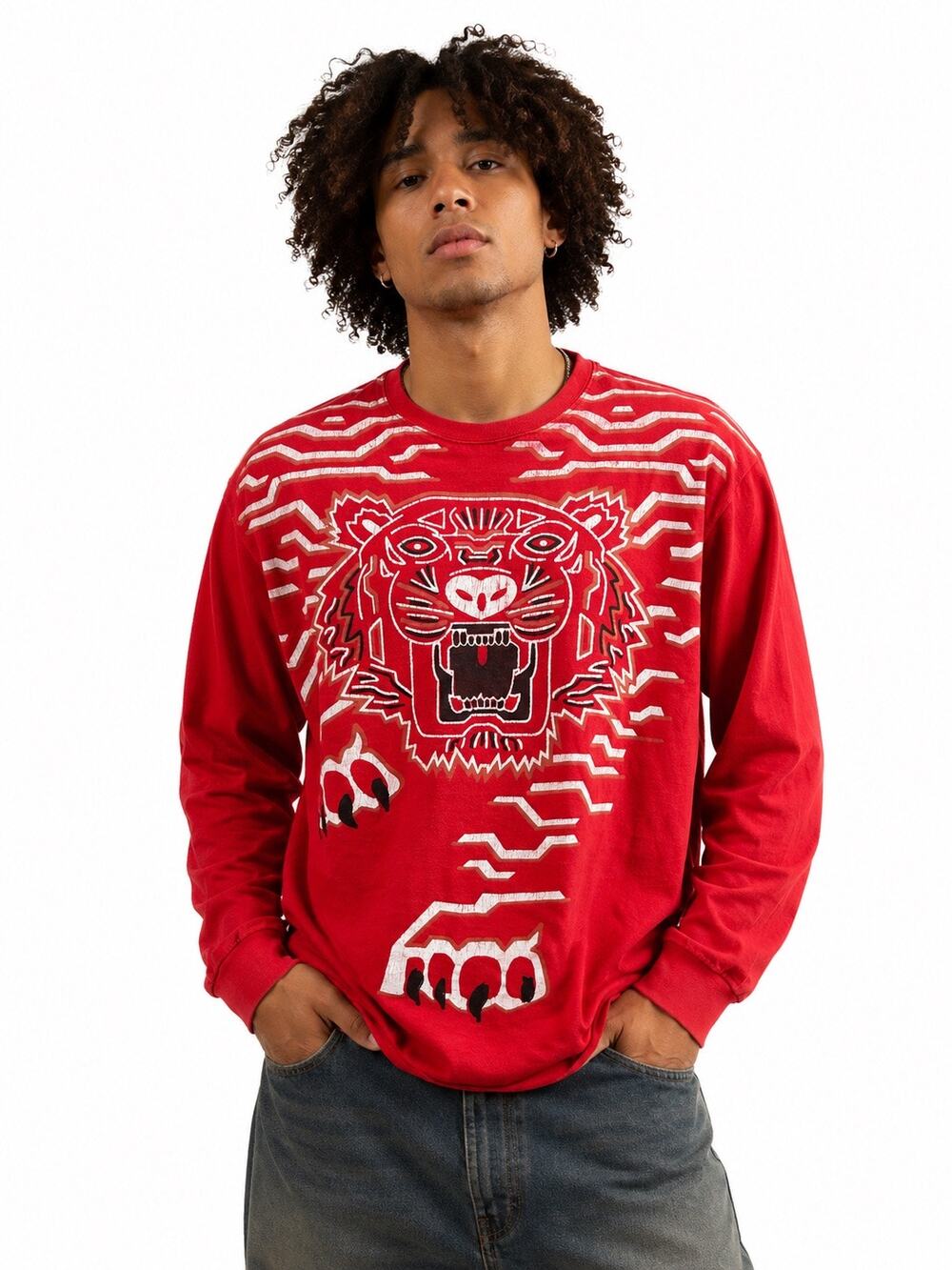 Red Tiger Graphic Long Sleeve Shirt Y2K Streetwear Statement Top